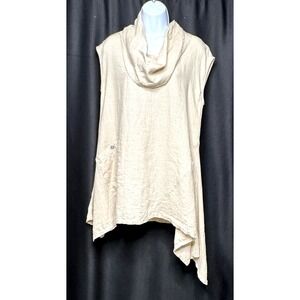 John Mark Shirt Womens M Beige Linen Cowl Lagenlook Neck Tunic Asymmetrical Hem